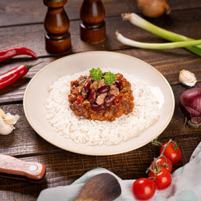 Fazulove chilli con carne s bravcovym masom, ryza_224
